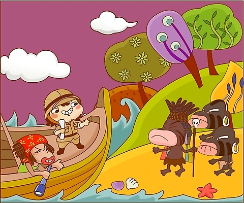 EPS 나무 구름 남자 섬 여행 일러스트 휴가 사람 소년 여러명 해변 야외 망원경 도전 원주민 모험가 선박 남자만 국내일러스트 자연요소 식물 어린이 바다 다수 수상교통 아프리카인 파일형식 벡터