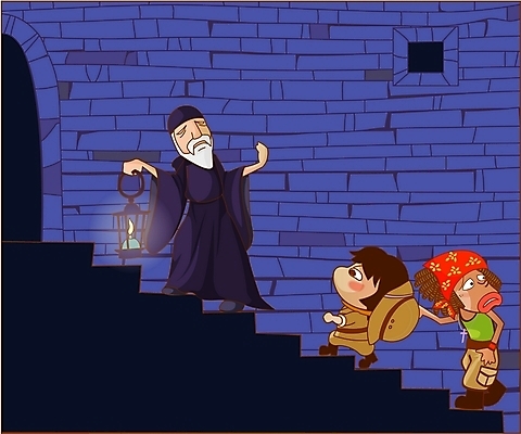 EPS 노년 남자 여행 일러스트 휴가 실내 사람 소년 세명 계단 도전 등불 성 모험가 수도사 암흑성 남자만 성인남자만 노인만 성인만 노인남자만 국내일러스트 건축물 어린이 조명 성인 내부 파일형식 벡터