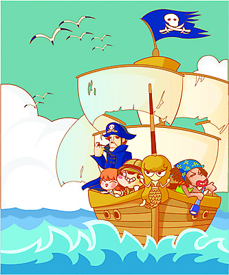 EPS 주간 구름 여자 남자 파도 바다 여행 일러스트 갈매기 휴가 항해 사람 소년 여러명 야외 망원경 도전 돛 해적 해적선 선장 선박 국내일러스트 자연요소 어린이 다수 수상교통 배_교통 조류 도둑 파일형식 벡터