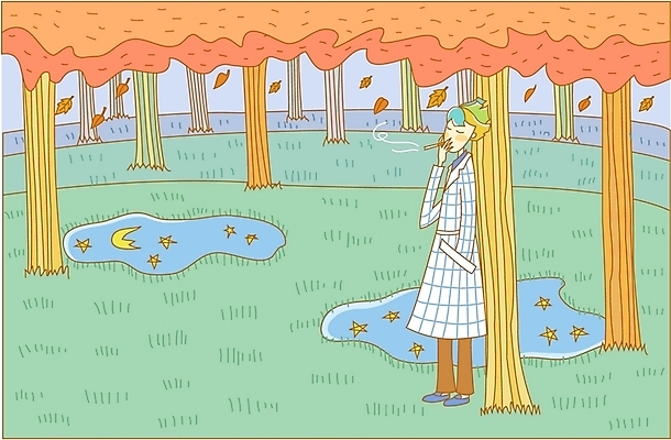 EPS 주간 나무 사계절 계절 남자 별 단풍 낙엽 일러스트 자연 담배 한명 사람 20대 성인 야외 물 달 가을 숲 초승달 담배연기 남자만 남자한명만 성인남자만 청년만 청년남자만 청년남자한명만 성인한명만 성인남자한명만 성인만 국내일러스트 자연요소 식물 1 잎 청년 연기 생태계 파일형식 벡터