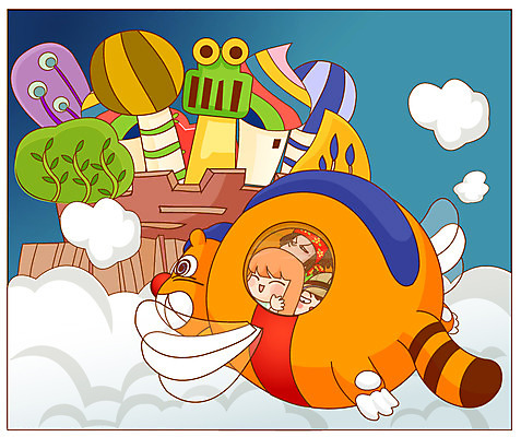 EPS 주간 구름 여자 남자 여행 일러스트 휴가 사람 소년 야외 세명 판타지 장난감 마을 도전 비행 잠수함 너구리 국내일러스트 자연요소 어린이 포유류 상상 파일형식 벡터