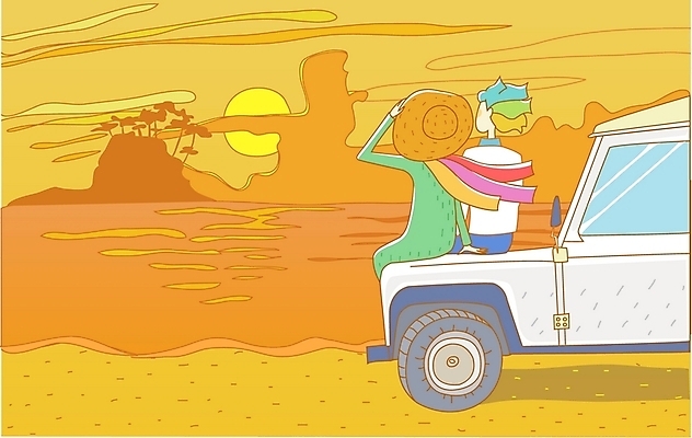 EPS 모자 커플 사계절 계절 여자 남자 여유 바다 섬 여행 데이트 일러스트 자동차 자연 사랑 사람 야외 두명 일몰 로맨틱 가을 국내일러스트 잡화 감정 육상교통 컨셉 관계 노을 생태계 파일형식 벡터