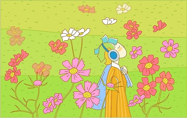 EPS 사계절 계절 여자 남자 여유 음악 일러스트 자연 휴식 한명 사람 초원 20대 성인 야외 헤드폰 가을 코스모스 청년만 성인만 국내일러스트 1 꽃 감정 음향기기 컨셉 문화예술 청년 생태계 파일형식 벡터