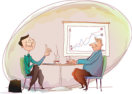 EPS 남자 의자 가방 일러스트 비즈니스 탁자 그래프 실내 사람 두명 모임 비즈니스맨 차 찻잔 상담 남자만 국내일러스트 잡화 음료 가구 잔 내부 직장인 파일형식 벡터