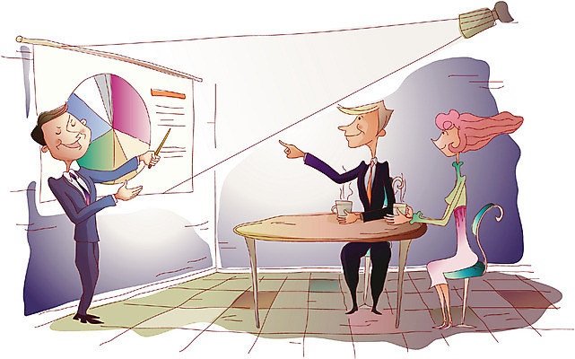 EPS 여자 남자 의자 일러스트 비즈니스 모션 탁자 회의 그래프 실내 사람 세명 경제 비즈니스맨 비즈니스우먼 발표 차 찻잔 보고 국내일러스트 음료 가구 잔 내부 직장인 파일형식 벡터