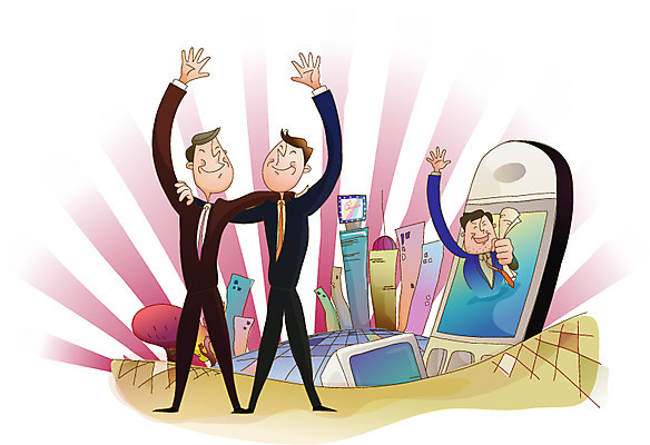 EPS 남자 일러스트 비즈니스 어깨동무 협력 사람 빌딩 야외 세명 스마트폰 모니터 비즈니스맨 신문 남자만 국내일러스트 포즈 건물 간행물 핸드폰 스마트기기 컴퓨터 직장인 뉴스 파일형식 벡터