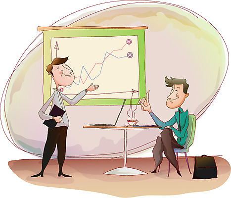 EPS 남자 의자 서류가방 일러스트 비즈니스 탁자 그래프 실내 사람 두명 노트북 모임 비즈니스맨 발표 차 찻잔 보고 상담 남자만 국내일러스트 음료 가구 가방 잔 내부 전자제품 직장인 파일형식 벡터