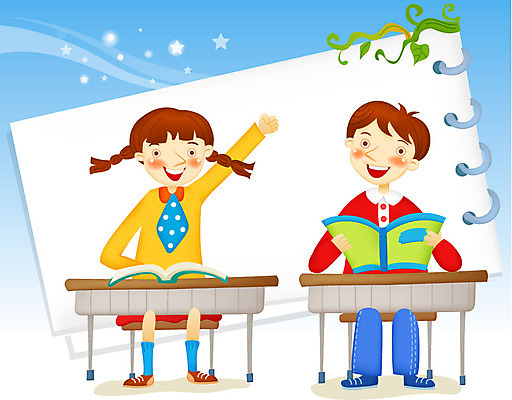 EPS 여자 교육 남자 의자 일러스트 수업 실내 사람 소년 두명 스쿨라이프 희망 꿈 메모지 발표 질문 책상 국내일러스트 라이프스타일 감정 어린이 가구 학교 내부 사무용품 파일형식 벡터