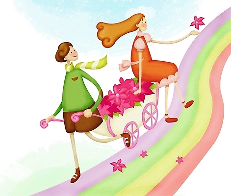 PSD 커플 여자 남자 꽃 행복 감정 무지개 데이트 일러스트 사랑 사람 두명 기쁨 로맨틱 국내일러스트 자연요소 식물 컨셉 관계 파일형식