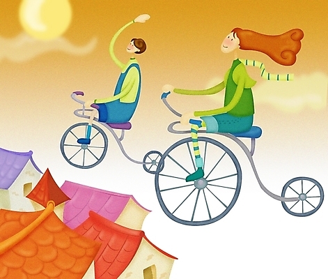 PSD 커플 여자 남자 행복 감정 일러스트 상상 하늘 주택 사랑 사람 야외 두명 자전거 희망 로맨틱 비행 국내일러스트 컨셉 관계 건물 바이크 파일형식