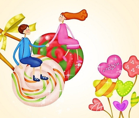 PSD 커플 여자 남자 행복 감정 일러스트 화이트데이 막대사탕 사탕 사랑 사람 두명 기쁨 로맨틱 국내일러스트 컨셉 관계 데이이벤트 디저트 파일형식