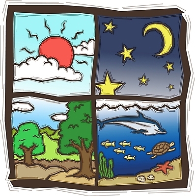 EPS 주간 자연요소 나무 별 기독교 종교 바다 일러스트 자연 하늘 산 어류 사람없음 태양 달 거북이 돌고래 천지창조 국내일러스트 식물 포유류 파충류 수중동물 생태계 파일형식 벡터