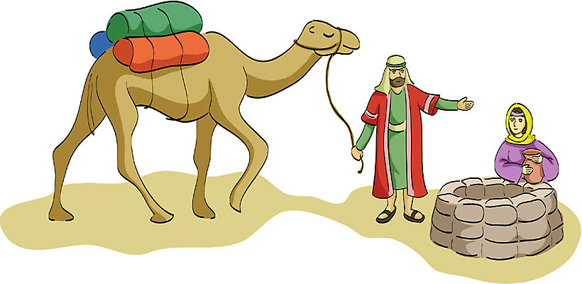 EPS 여자 남자 기독교 종교 일러스트 사람 야외 두명 성경이야기 낙타 우물 리브가 국내일러스트 포유류 이야기 파일형식 벡터