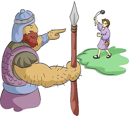 EPS 남자 기독교 종교 창 어린이 일러스트 사람 두명 돌_바위 조약돌 싸움 성경이야기 거인 다윗 돌팔매 남자만 어린이만 소년만 국내일러스트 무기 모션 이야기 파일형식 벡터