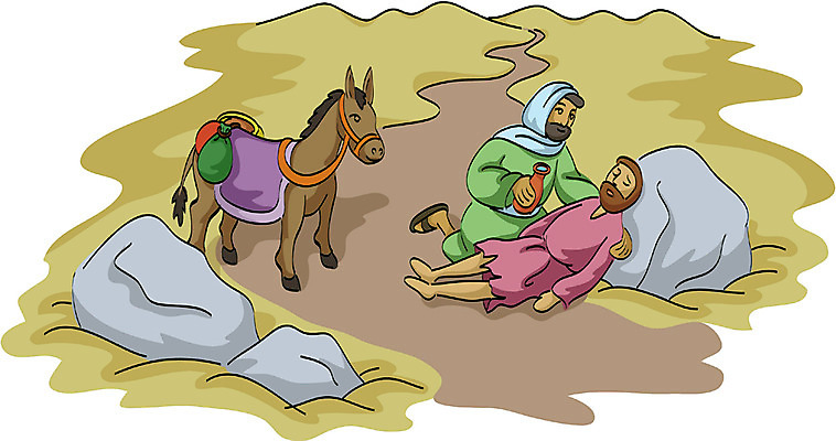 EPS 남자 기독교 종교 길 일러스트 사람 야외 두명 물 돌_바위 바위 상처 성경이야기 당나귀 유대인 사마리아인 남자만 국내일러스트 자연요소 이야기 말_동물 파일형식 벡터