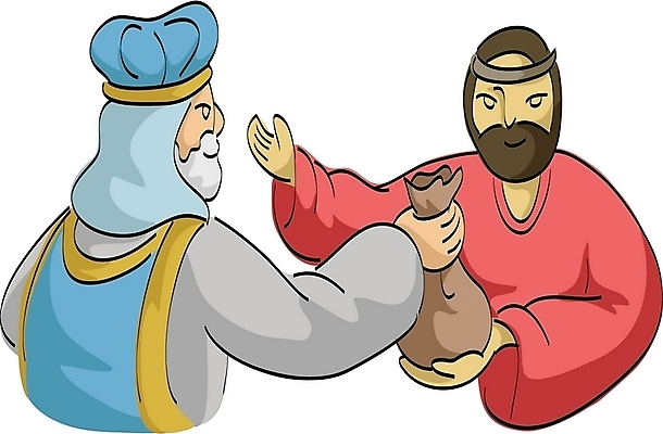 EPS 남자 기독교 종교 일러스트 사람 두명 돈자루 성경이야기 제자 뇌물 가롯유다 남자만 국내일러스트 돈 이야기 파일형식 벡터