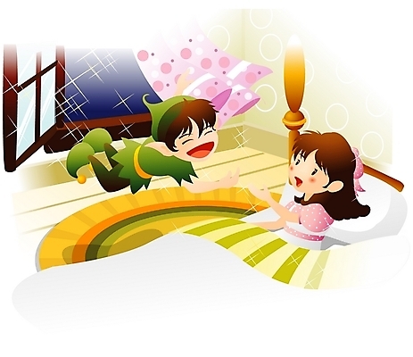 EPS 여자 남자 어린이 일러스트 창문 동화 실내 사람 소녀 소년 두명 판타지 침대 피터팬 어린이만 국내일러스트 가구 상상 내부 파일형식 벡터