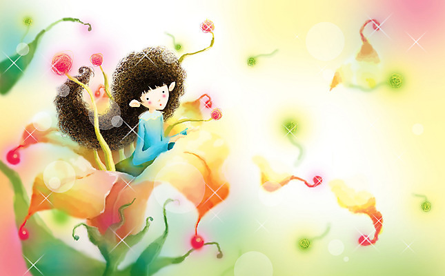 PSD 여자 꽃 초등학생 어린이 백그라운드 일러스트 상상 페인터 동화 한명 사람 소녀 판타지 엄지공주 여자만 여자한명만 어린이만 소녀만 소녀한명만 국내일러스트 식물 1 학생 페인팅 공주님 파일형식
