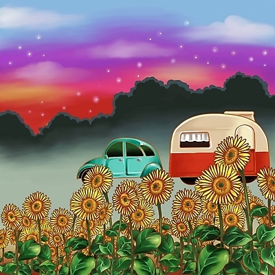 PSD 나무 사계절 계절 별 육상교통 백그라운드 일러스트 자동차 자연 페인터 해바라기 풍경 사람없음 야외 캠핑 가을 야간 캠핑카 가을배경 국내일러스트 자연요소 식물 꽃 교통수단 페인팅 레저 생태계 파일형식 가을_계절