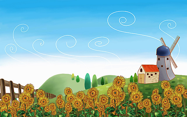 주간 PSD 식물 공공시설 꽃 백그라운드 일러스트 여름꽃 자연 페인터 하늘 바람 해바라기 풍경 사람없음 야외 건물 여름 울타리 평화 풍차 언덕 국내일러스트 자연요소 건축물 계절 컨셉 페인팅 날씨 담장 시설 생태계 파일형식 여름_계절