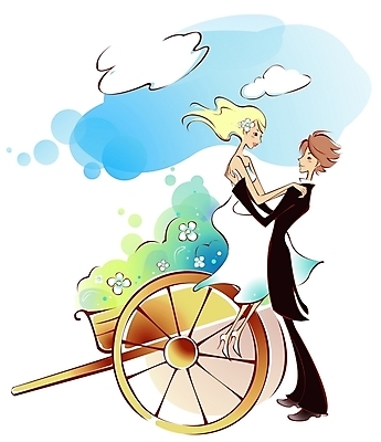 EPS 주간 구름 커플 드레스 여자 남자 행복 감정 신부 웨딩드레스 신랑 결혼 일러스트 사랑 사람 정장 턱시도 야외 두명 로맨틱 예복 꽃마차 국내일러스트 자연요소 옷 컨셉 관계 이벤트 마차 파일형식 벡터