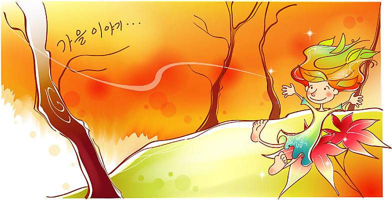 EPS 나무 사계절 계절 여자 초등학생 어린이 단풍 일러스트 상상 자연 요정 한명 사람 소녀 야외 가을 나뭇가지 여자만 여자한명만 어린이만 소녀만 소녀한명만 국내일러스트 식물 1 학생 잎 생태계 파일형식 벡터