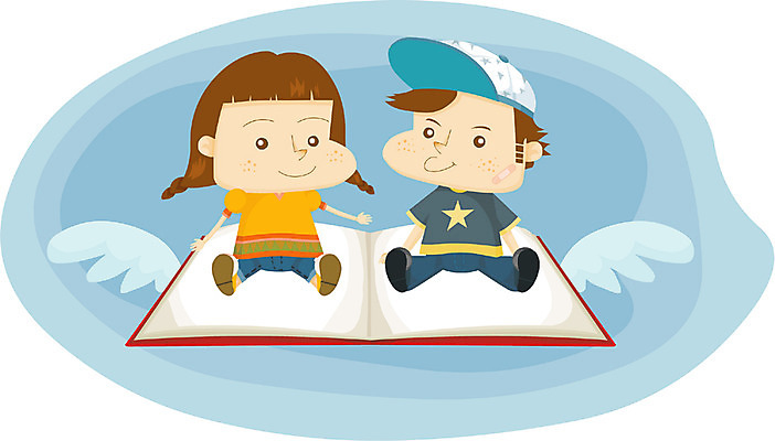 EPS 여자 어린이교육 교육 남자 어린이 날개 일러스트 하늘 사람 소녀 소년 야외 두명 책 독서 비행 어린이만 국내일러스트 파일형식 벡터