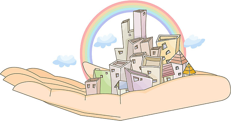 EPS 구름 손 무지개 일러스트 주택 손바닥 풍경 건물 마을 도시 도움 보호 국내일러스트 자연요소 건축물 컨셉 신체부위 파일형식 벡터