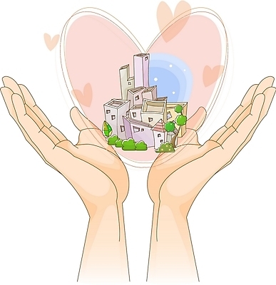 EPS 나무 손 건축 일러스트 주택 손바닥 사랑 풍경 건물 마을 하트 도시 국내일러스트 모양 식물 건축물 감정 신체부위 파일형식 벡터