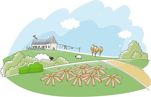 EPS 주간 나무 계절 백그라운드 일러스트 자연 하늘 주택 풍경 초원 사람없음 야외 목장 가을 양 빨래 빨랫줄 코스모스 전원주택 풀숲 양떼 가을배경 국내일러스트 자연요소 식물 꽃 줄 가사 포유류 건물 숲 생태계 파일형식 벡터 가을_계절