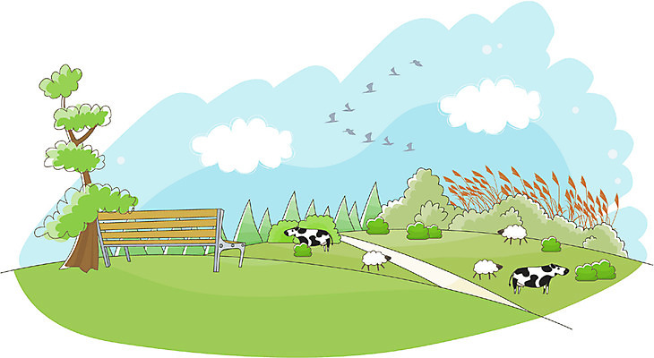 EPS 주간 나무 동물 구름 척추동물 육지동물 백그라운드 벤치 일러스트 포유류 자연 하늘 갈대 풍경 초원 사람없음 야외 목장 젖소 양떼 기러기 국내일러스트 자연요소 식물 의자 조류 양 소 생태계 파일형식 벡터
