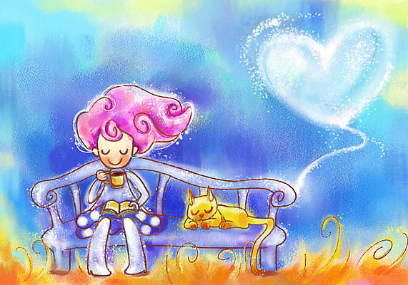 PSD 여자 행복 커피 음료 벤치 일러스트 상상 청소년 페인터 휴식 한명 사람 야외 10대 책 판타지 독서 고양이 하트 차 여자만 여자한명만 십대만 십대여자만 십대여자한명만 국내일러스트 모양 1 감정 컨셉 의자 포유류 페인팅 반려동물 파일형식