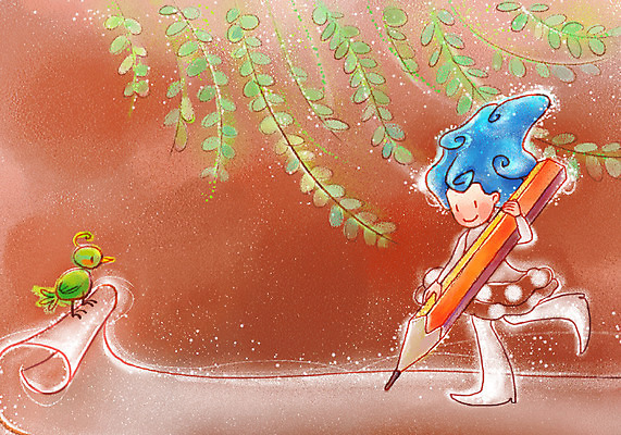 PSD 여자 행복 종이 일러스트 상상 청소년 페인터 조류 한명 사람 10대 판타지 연필 나뭇가지 기록 메모지 여자만 여자한명만 십대만 십대여자만 십대여자한명만 국내일러스트 나무 동물 1 감정 페인팅 학용품 필기구 사무용품 파일형식