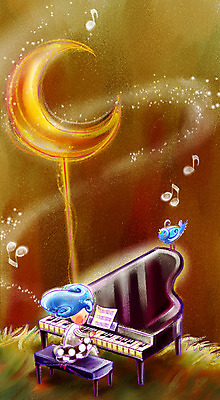 PSD 여자 남자 악기 일러스트 상상 페인터 한명 사람 20대 성인 판타지 건반 피아노 건반악기 초승달 청년만 성인만 국내일러스트 1 음악 페인팅 청년 달 파일형식