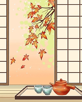 PSD 사계절 계절 생활용품 백그라운드 단풍 낙엽 일러스트 창문 자연 페인터 잔 쟁반 실내 풍경 사람없음 가을 다기 포트 가을배경 국내일러스트 식기 잎 페인팅 내부 다도 오브젝트 생태계 파일형식 가을_계절