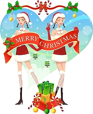 전신 계절 여자 기념일 종교 크리스마스 겨울 일러스트 산타옷 선물 서기 사람 20대 성인 두명 여자만 성인여자만 청년만 청년여자만 성인만 국내일러스트 옷 모션 이벤트 청년