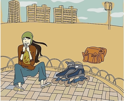 EPS 주간 라이프스타일 여자 가방 일러스트 휴식 한명 웃음 사람 20대 성인 취미 야외 라이프 레포츠 롤러블레이드 여자만 여자한명만 성인여자만 청년만 청년여자만 성인한명만 청년여자한명만 성인여자한명만 성인만 국내일러스트 자연요소 1 잡화 컨셉 레저 표정 청년 생활 파일형식 벡터