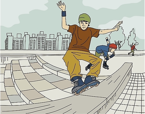 EPS 주간 라이프스타일 남자 일러스트 사람 취미 야외 세명 레포츠 롤러블레이드 남자만 국내일러스트 자연요소 레저 생활 파일형식 벡터