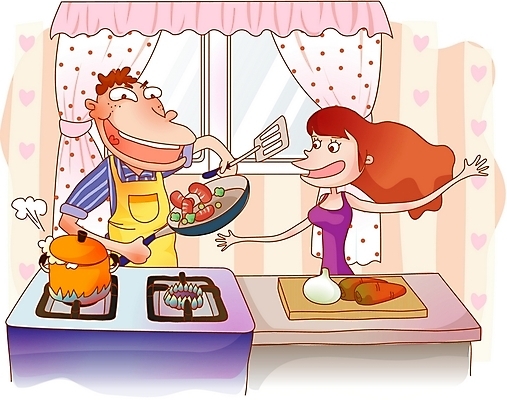 EPS 라이프스타일 부부 커플 여자 남자 음식 가사 일러스트 실내 요리 사람 취미 두명 주방 로맨틱 국내일러스트 컨셉 관계 내부 생활 파일형식 벡터
