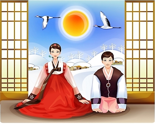 EPS 주간 한국전통 전통 커플 사계절 계절 여자 명절 남자 겨울 일러스트 새해 실내 사람 두명 설날 태양 문 학 눈 절 한복 세배 국내일러스트 자연요소 기념일 관계 조류 날씨 한국 내부 인사 절_인사 전통의상 파일형식 벡터