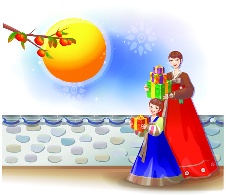 EPS 한국전통 전통 여자 명절 딸 일러스트 가족 엄마 돌담 선물 사람 야외 두명 선물상자 뷰티 추석 보름달 야간 한복 추석선물 여자만 국내일러스트 자연요소 기념일 관계 한국 담장 상자 달 돌_바위 전통의상 파일형식 벡터 명절선물