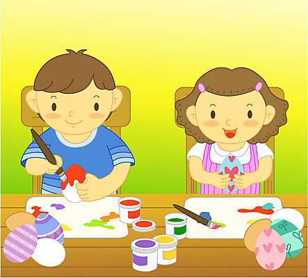 EPS 여자 어린이교육 교육 기념일 남자 기독교 종교 어린이 일러스트 부활절 사람 두명 계란 색칠 책상 그림 어린이만 국내일러스트 가구 이벤트 알 파일형식 벡터