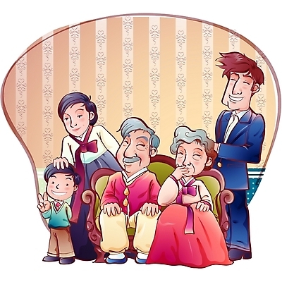 EPS 여자 할아버지 남자 아들 할머니 일러스트 가정 가족 엄마 손자 대가족 실내 사람 여러명 화목 생일 아빠 한복 가족사진 노인만 성인만 국내일러스트 한국전통 기념일 노년 다수 컨셉 관계 내부 전통의상 손주 파일형식 벡터 단체사진