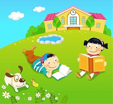EPS 주간 학생 여자 교육 남자 초등학생 어린이 일러스트 학교 사람 야외 두명 책 반려동물 독서 스쿨라이프 개 강아지 어린이만 국내일러스트 자연요소 동물 라이프스타일 포유류 파일형식 벡터