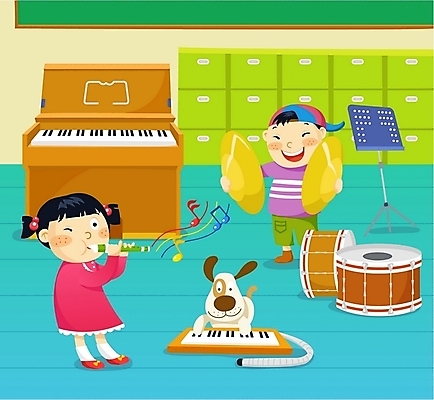 EPS 학생 여자 교육 남자 초등학생 어린이 악기 음악 연주 일러스트 교실 학교 수업 실내 사람 두명 반려동물 스쿨라이프 건반 오르간 개 강아지 사물함 북 음악교육 리코더 심벌즈 어린이만 국내일러스트 동물 라이프스타일 포유류 문화예술 타악기 내부 건반악기 목관악기 파일형식 벡터
