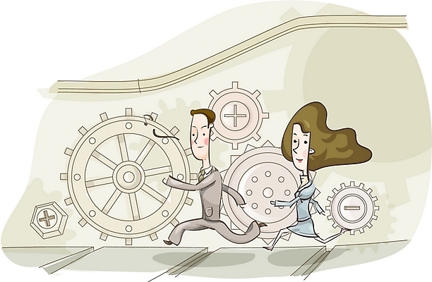 EPS 여자 남자 일러스트 비즈니스 사람 두명 달리기 직장인 비즈니스맨 비즈니스우먼 톱니바퀴 국내일러스트 직업 모션 파일형식 벡터