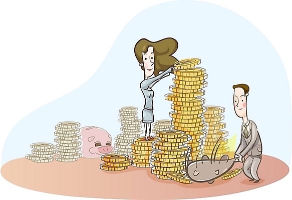 EPS 여자 남자 돈 일러스트 비즈니스 사람 두명 금융 경제 동전 저축 돼지저금통 저금통 직장인 비즈니스맨 비즈니스우먼 도깨비방망이 금융의날 국내일러스트 직업 방망이 재산 파일형식 벡터 법정기념일