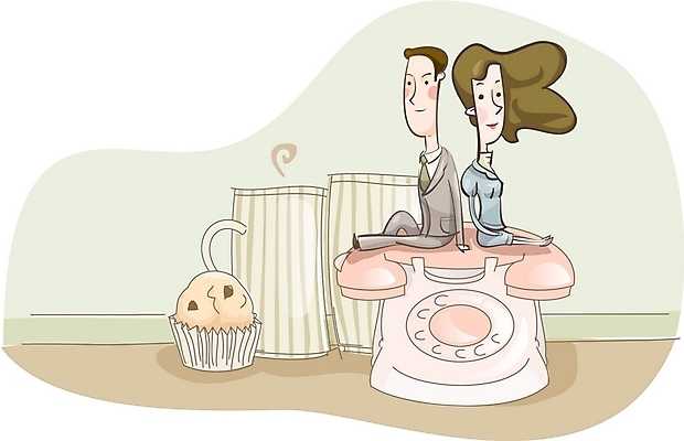 EPS 여자 남자 일러스트 비즈니스 휴식 실내 사람 두명 컵 머그컵 직장인 비즈니스맨 비즈니스우먼 전화기 머핀 통화 국내일러스트 직업 식기 빵 컨셉 모션 내부 파일형식 벡터