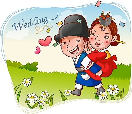 EPS 한국전통 전통 부부 커플 여자 남자 신부 신랑 결혼 일러스트 신혼부부 사랑 사람 야외 두명 신혼여행 한복 전통혼례 각시 국내일러스트 감정 관계 한국 이벤트 전통의상 전통의례 신혼 파일형식 벡터