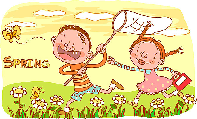 EPS 사계절 계절 여자 남자 어린이라이프 어린이 나비 꽃밭 일러스트 자연 사람 소녀 소년 두명 봄 순수 곤충채집 채집망 어린이만 국내일러스트 라이프스타일 꽃 곤충 컨셉 수집 생태계 파일형식 벡터